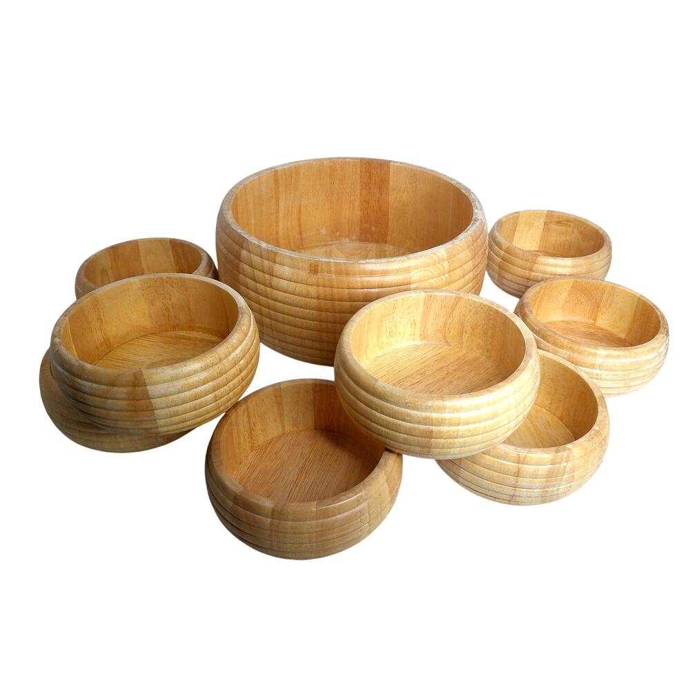 Vintage Woodard Charles Ribbed Wood Salad Set 1 Large Serving 8 Small Bowls